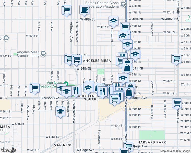 map of restaurants, bars, coffee shops, grocery stores, and more near 5527 South Gramercy Place in Los Angeles