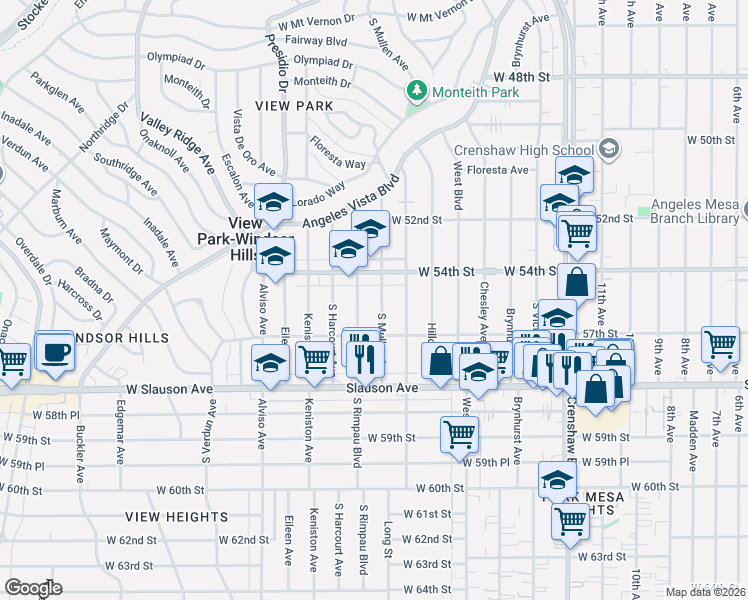 map of restaurants, bars, coffee shops, grocery stores, and more near 5600 South Rimpau Boulevard in View Park-Windsor Hills