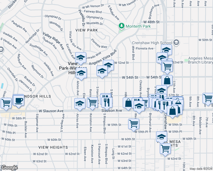 map of restaurants, bars, coffee shops, grocery stores, and more near 5600 South Rimpau Boulevard in View Park-Windsor Hills