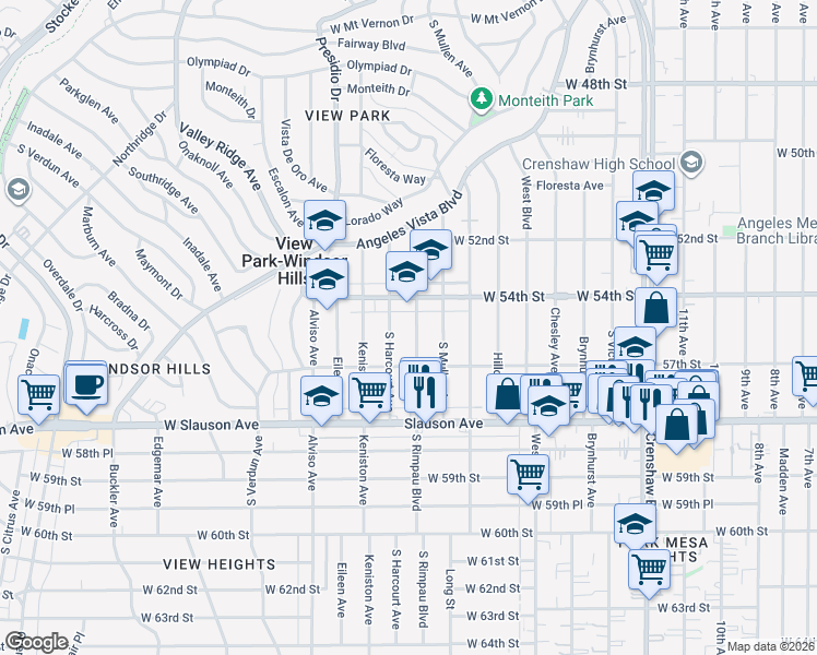 map of restaurants, bars, coffee shops, grocery stores, and more near 5600 South Rimpau Boulevard in View Park-Windsor Hills