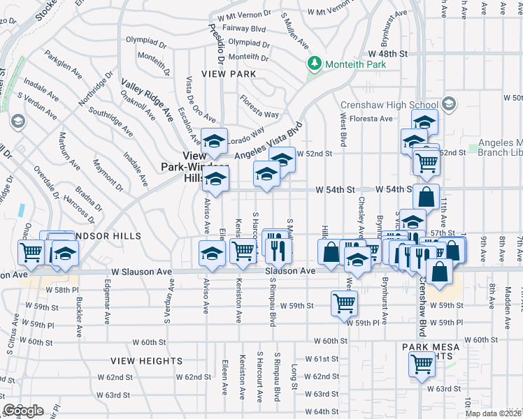 map of restaurants, bars, coffee shops, grocery stores, and more near 5601 South Harcourt Avenue in View Park-Windsor Hills