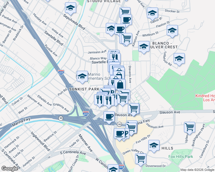 map of restaurants, bars, coffee shops, grocery stores, and more near 11418 Segrell Way in Culver City