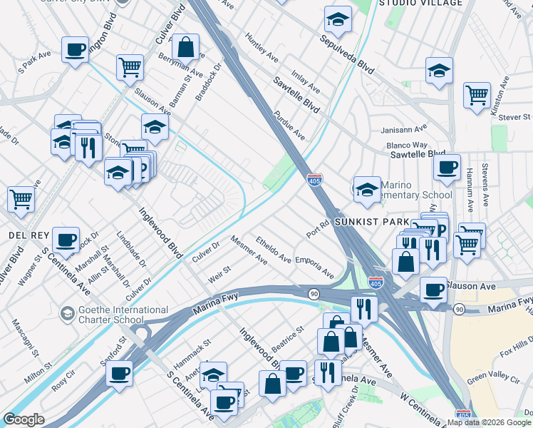 map of restaurants, bars, coffee shops, grocery stores, and more near 5153 Emporia Avenue in Culver City