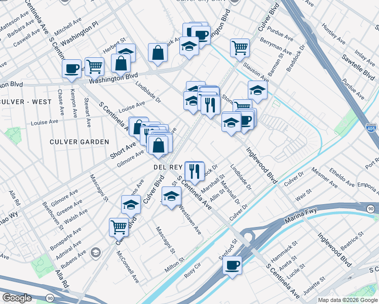 map of restaurants, bars, coffee shops, grocery stores, and more near 4632 Marshall Drive in Culver City