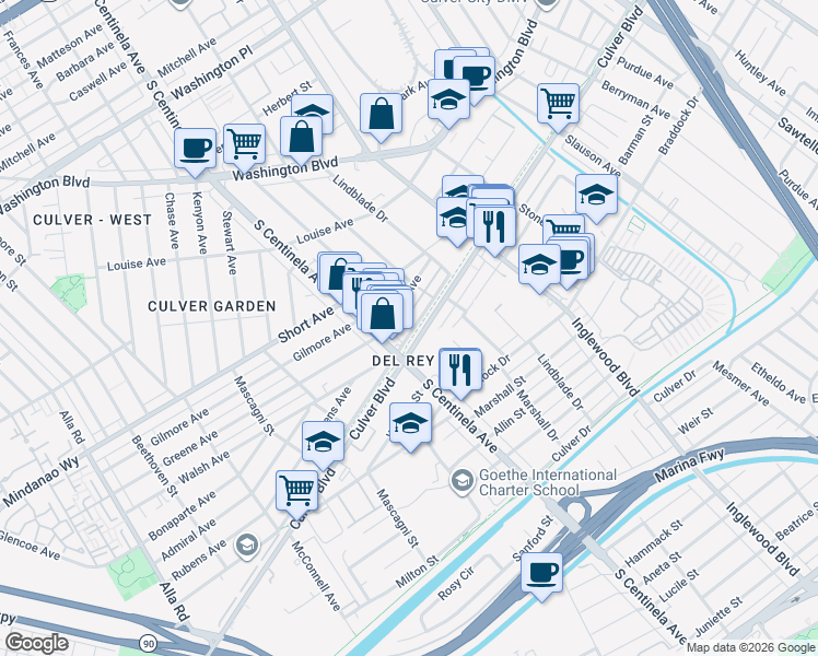 map of restaurants, bars, coffee shops, grocery stores, and more near in Culver City