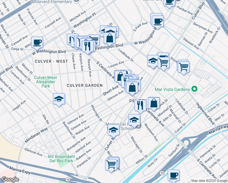 map of restaurants, bars, coffee shops, grocery stores, and more near 12473 Gilmore Avenue in Los Angeles