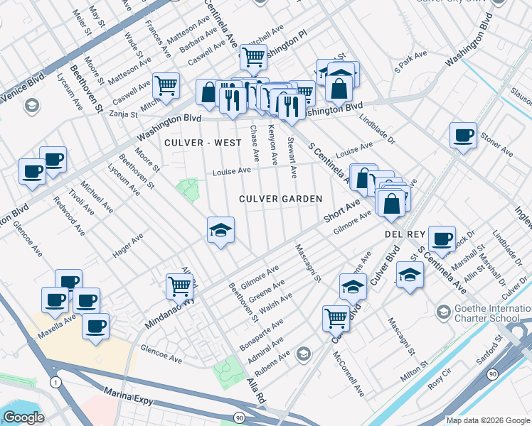 map of restaurants, bars, coffee shops, grocery stores, and more near 4329 Chase Avenue in Los Angeles
