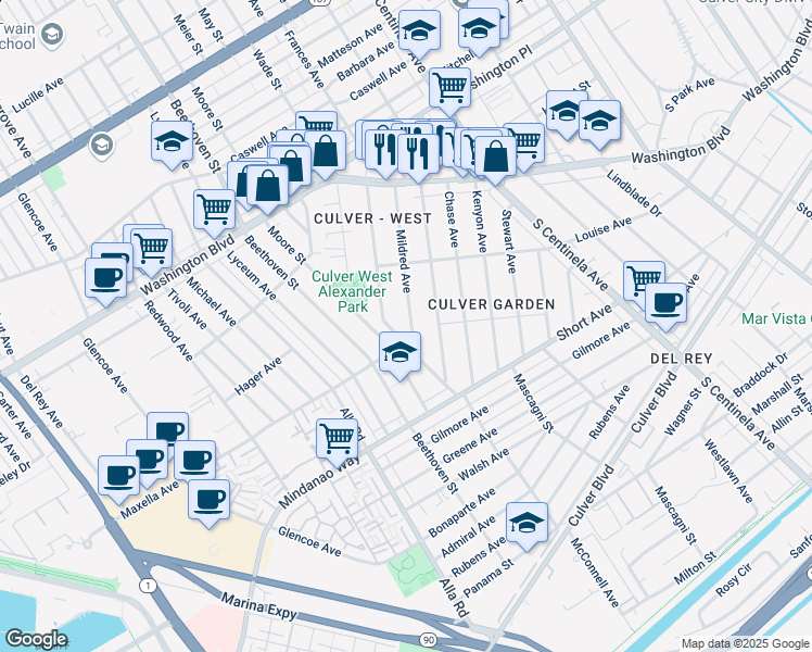 map of restaurants, bars, coffee shops, grocery stores, and more near 4284 Moore Street in Los Angeles