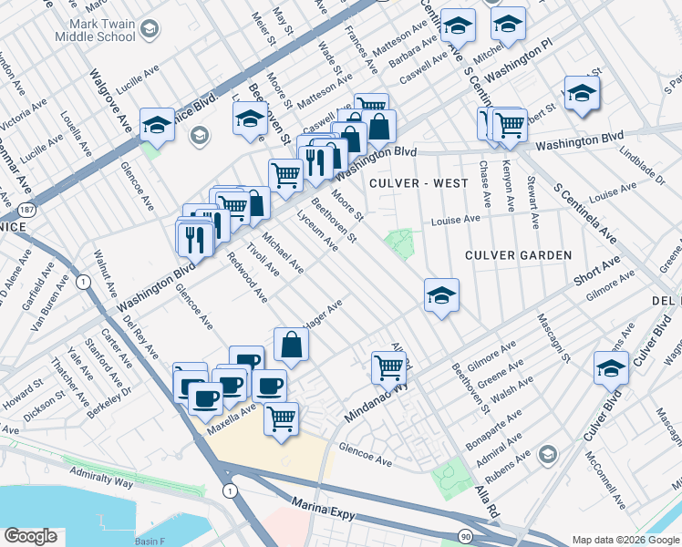 map of restaurants, bars, coffee shops, grocery stores, and more near 4143 Alla Road in Los Angeles