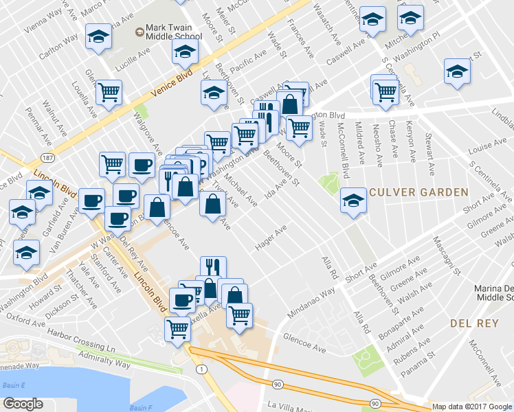 map of restaurants, bars, coffee shops, grocery stores, and more near 4124 Tivoli Avenue in Los Angeles
