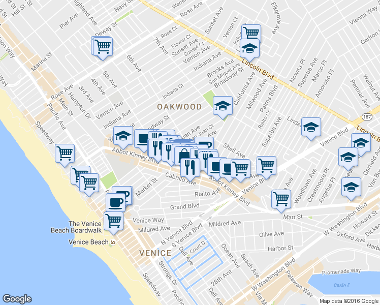 map of restaurants, bars, coffee shops, grocery stores, and more near 1322 Electric Avenue in Los Angeles