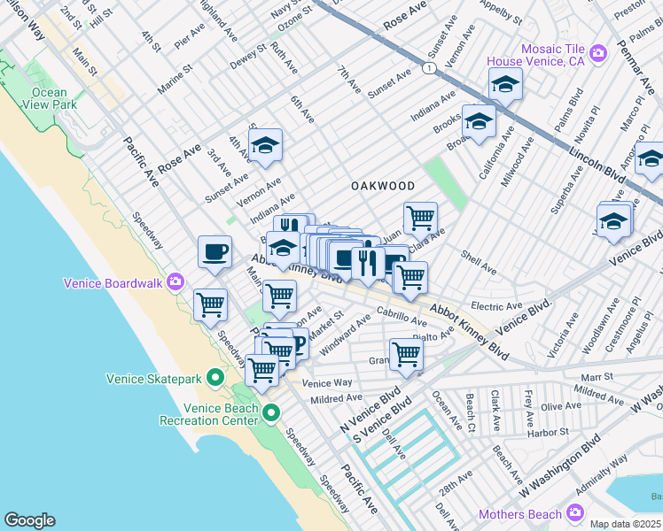 map of restaurants, bars, coffee shops, grocery stores, and more near 1118 Abbot Kinney Boulevard in Los Angeles