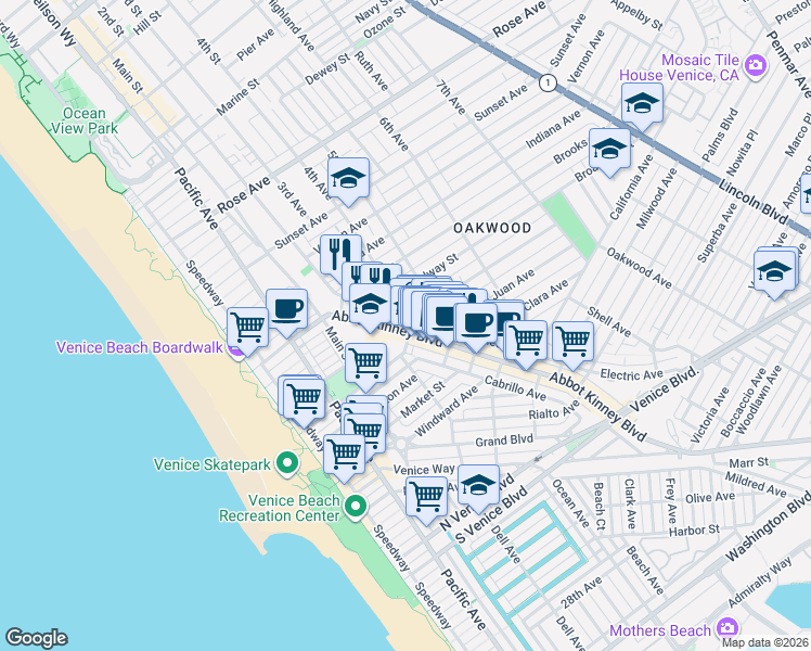 map of restaurants, bars, coffee shops, grocery stores, and more near in Los Angeles