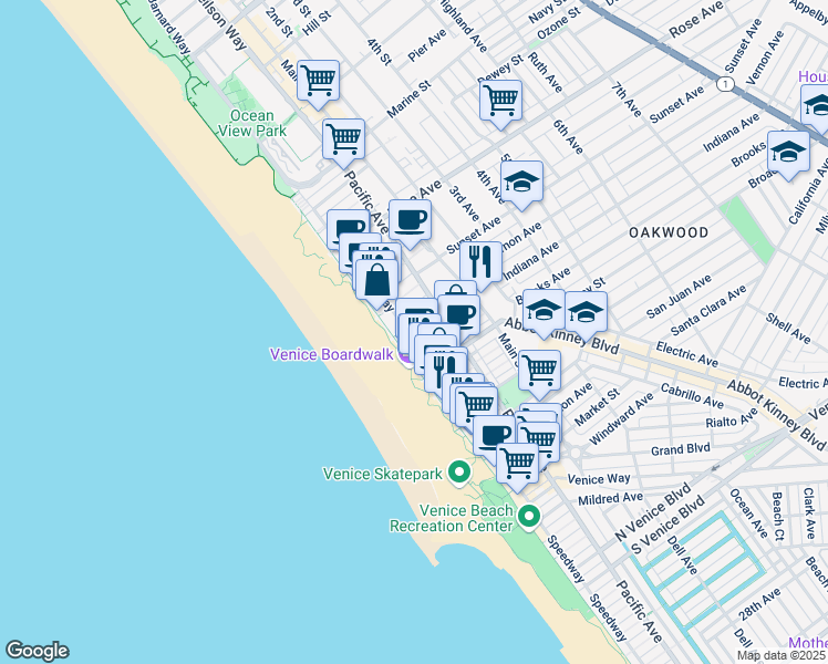 map of restaurants, bars, coffee shops, grocery stores, and more near 719 Ocean Front Walk in Los Angeles
