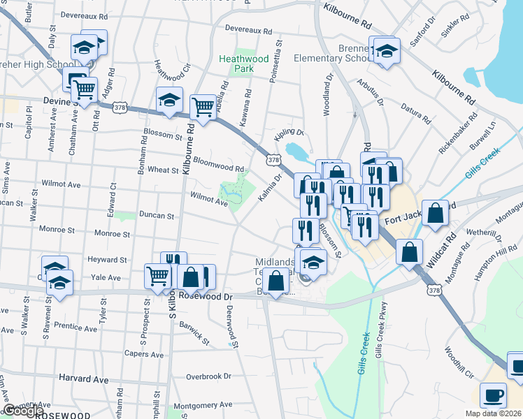 map of restaurants, bars, coffee shops, grocery stores, and more near 408 Kalmia Drive in Columbia