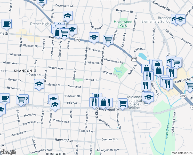 map of restaurants, bars, coffee shops, grocery stores, and more near in Columbia