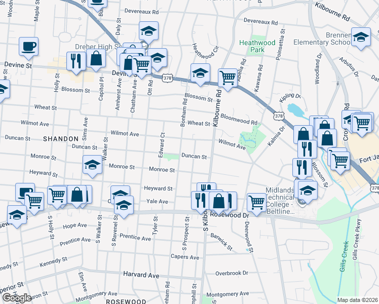 map of restaurants, bars, coffee shops, grocery stores, and more near 224 Prospect Street in Columbia