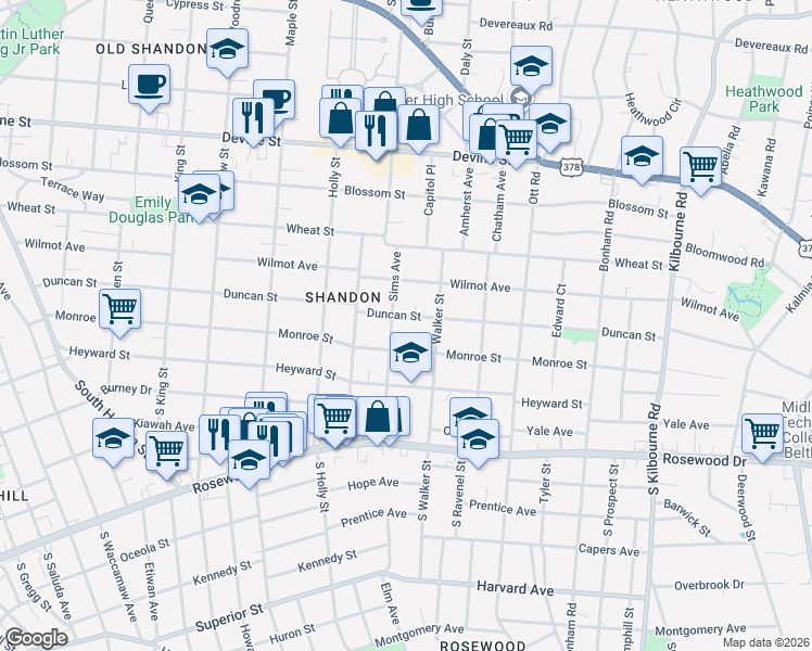 map of restaurants, bars, coffee shops, grocery stores, and more near 3109 Monroe Street in Columbia
