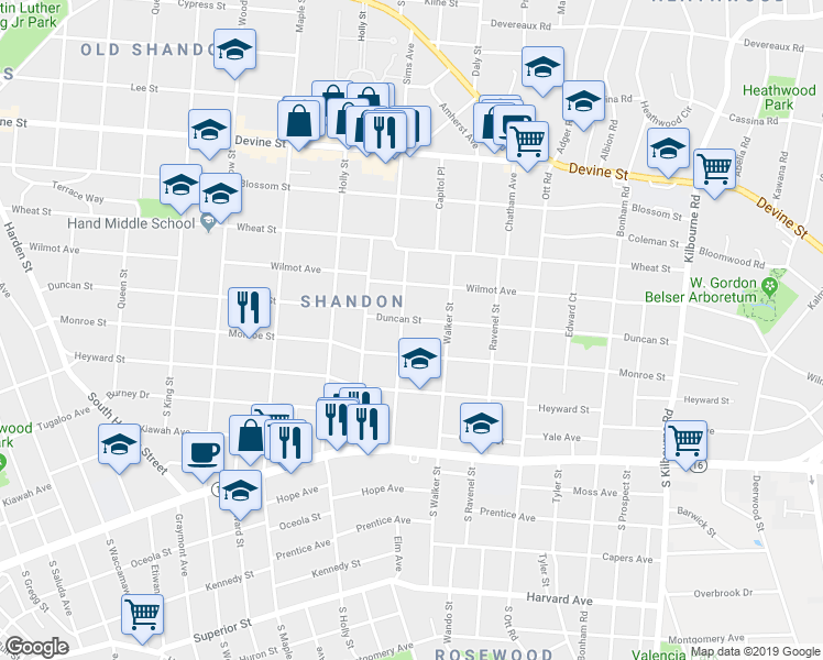 map of restaurants, bars, coffee shops, grocery stores, and more near 3109 Monroe Street in Columbia