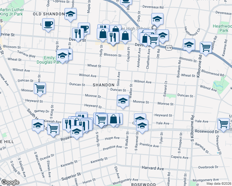 map of restaurants, bars, coffee shops, grocery stores, and more near 3109 Monroe Street in Columbia