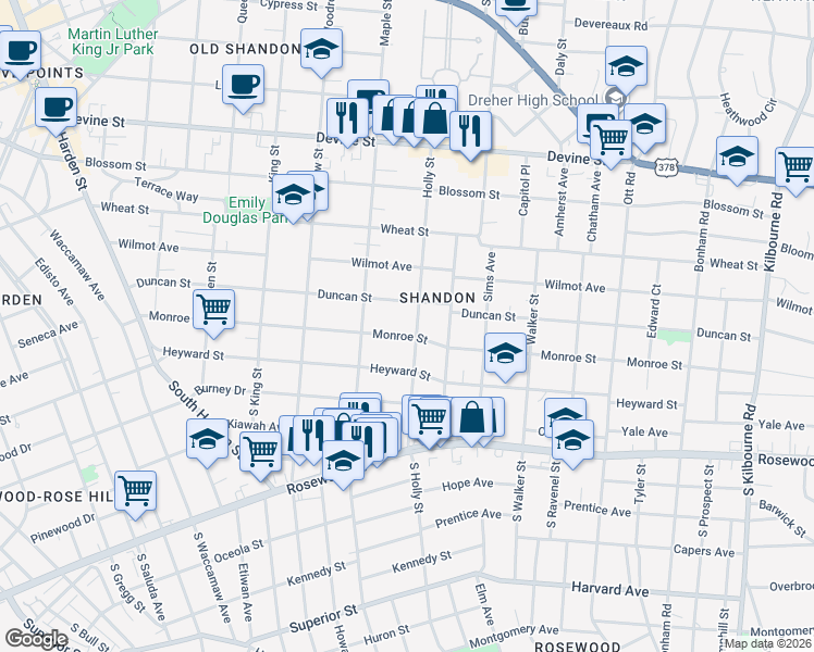 map of restaurants, bars, coffee shops, grocery stores, and more near 2902 Monroe Street in Columbia