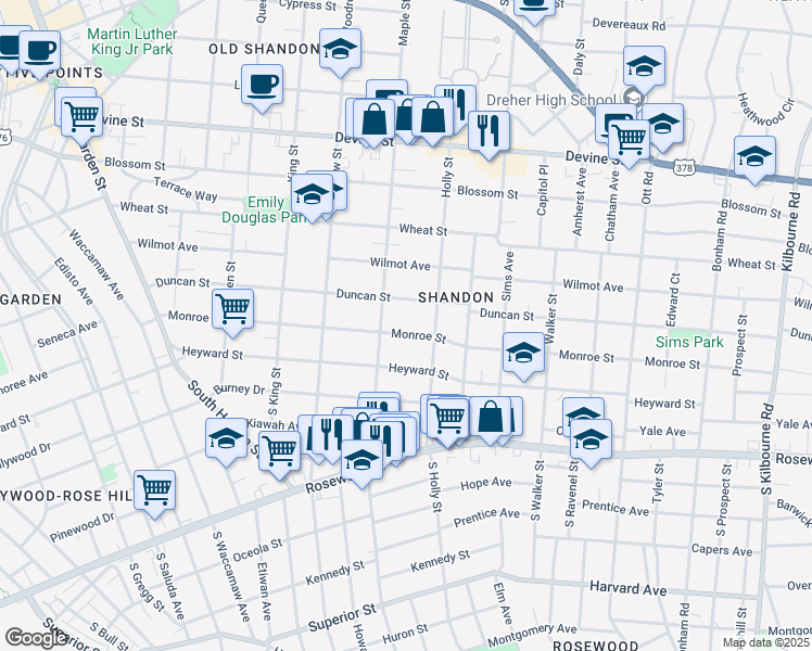 map of restaurants, bars, coffee shops, grocery stores, and more near 2818 Monroe Street in Columbia