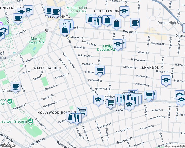 map of restaurants, bars, coffee shops, grocery stores, and more near 2433 Heyward Street in Columbia