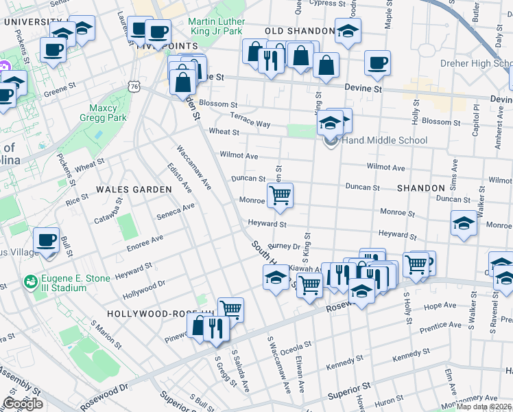 map of restaurants, bars, coffee shops, grocery stores, and more near 2433 Heyward Street in Columbia