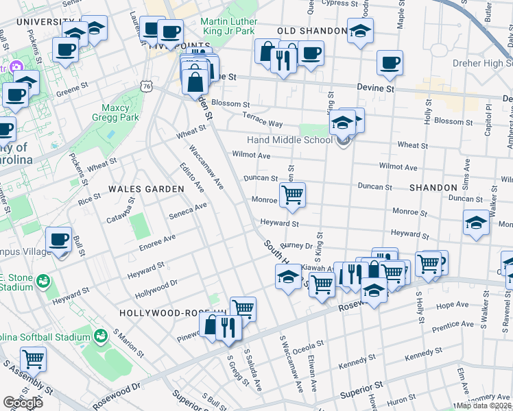 map of restaurants, bars, coffee shops, grocery stores, and more near 2415 Heyward Street in Columbia