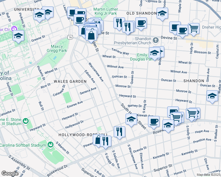 map of restaurants, bars, coffee shops, grocery stores, and more near 127 Waccamaw Avenue in Columbia