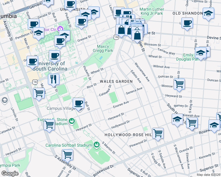 map of restaurants, bars, coffee shops, grocery stores, and more near 1638 Catawba Street in Columbia