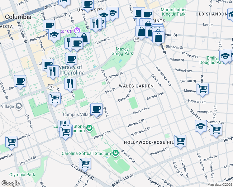 map of restaurants, bars, coffee shops, grocery stores, and more near 1619 Catawba Street in Columbia