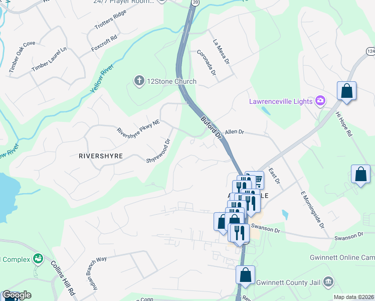 map of restaurants, bars, coffee shops, grocery stores, and more near 670 Victoria Station Boulevard Northeast in Lawrenceville