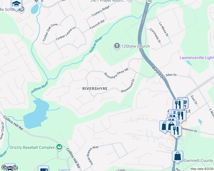 map of restaurants, bars, coffee shops, grocery stores, and more near 290 Shyrewood Drive in Lawrenceville