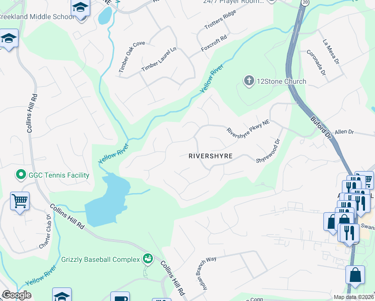 map of restaurants, bars, coffee shops, grocery stores, and more near 183 Woodshyre Court in Lawrenceville
