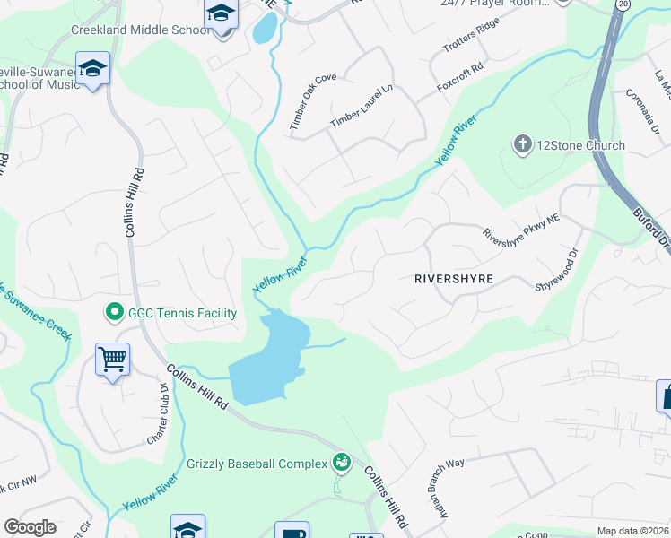 map of restaurants, bars, coffee shops, grocery stores, and more near 85 Rivershyre Circle in Lawrenceville
