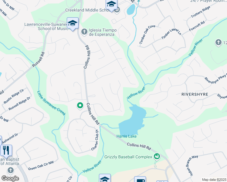 map of restaurants, bars, coffee shops, grocery stores, and more near 1405 Arden Trace Lane in Lawrenceville
