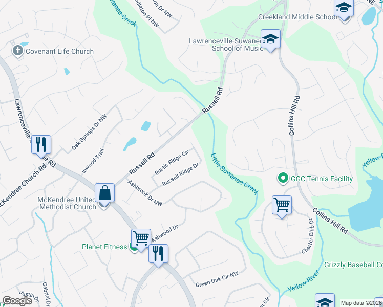 map of restaurants, bars, coffee shops, grocery stores, and more near 365 Russell Ridge Drive in Lawrenceville
