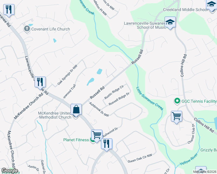 map of restaurants, bars, coffee shops, grocery stores, and more near 448 Russell Road in Lawrenceville
