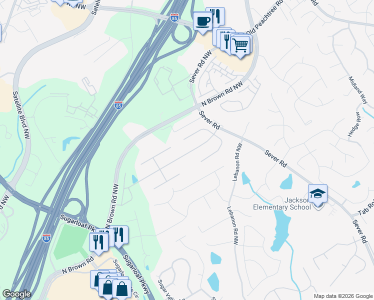 map of restaurants, bars, coffee shops, grocery stores, and more near 1598 Glenhaven Way Northwest in Lawrenceville