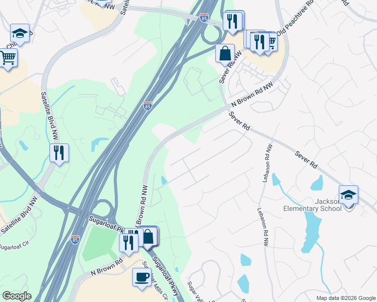 map of restaurants, bars, coffee shops, grocery stores, and more near 1650 Flinthaven Court in Lawrenceville
