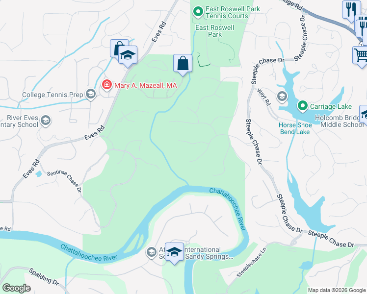 map of restaurants, bars, coffee shops, grocery stores, and more near 140 Cartier Court in Roswell