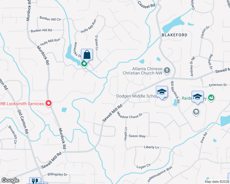 map of restaurants, bars, coffee shops, grocery stores, and more near 3409 Barrington Pass in Marietta