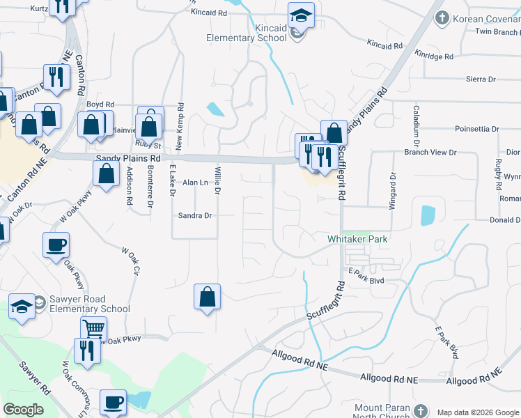 map of restaurants, bars, coffee shops, grocery stores, and more near 1360 Pinebreeze Court in Marietta