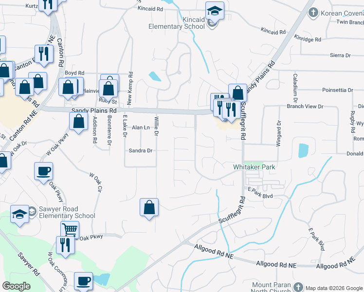 map of restaurants, bars, coffee shops, grocery stores, and more near 1360 Pinebreeze Court in Marietta