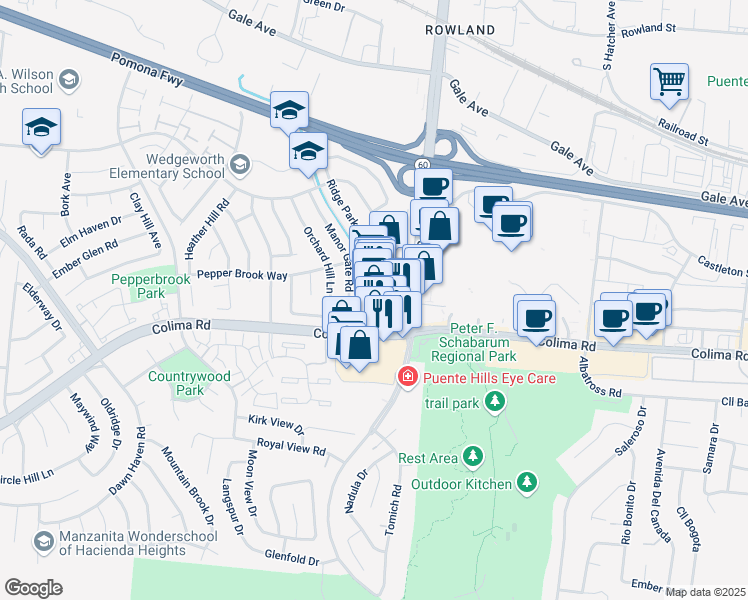 map of restaurants, bars, coffee shops, grocery stores, and more near 1655 South Azusa Avenue in Hacienda Heights