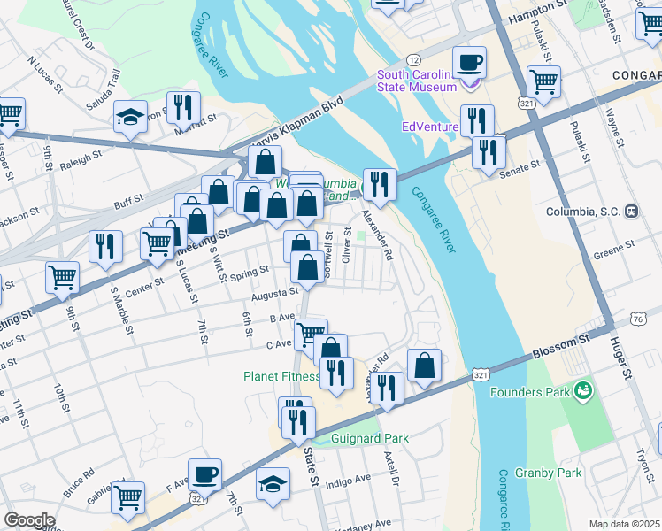 map of restaurants, bars, coffee shops, grocery stores, and more near 315 Sortwell Street in West Columbia