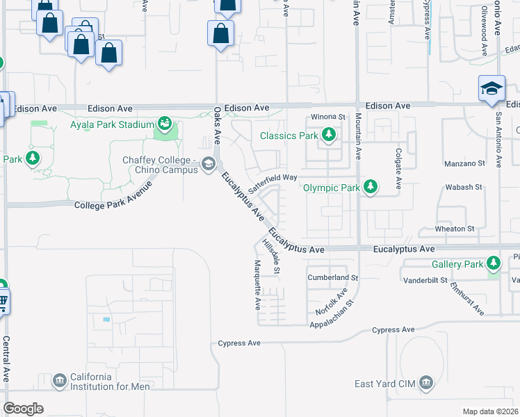 map of restaurants, bars, coffee shops, grocery stores, and more near 6014 Eucalyptus Avenue in Chino