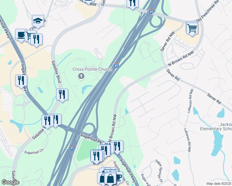 map of restaurants, bars, coffee shops, grocery stores, and more near 1745 North Brown Road in Lawrenceville