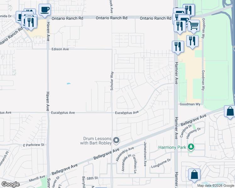 map of restaurants, bars, coffee shops, grocery stores, and more near 14109-14493 Cleveland Avenue in Ontario